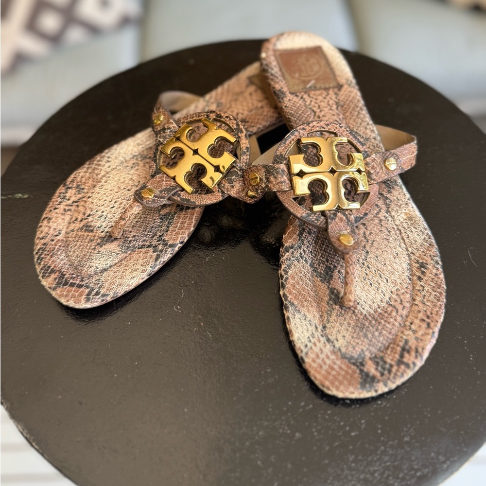 Tory Burch Miller 2 Snake Logo Thong Sandals in Brown and Gold - 8.5
